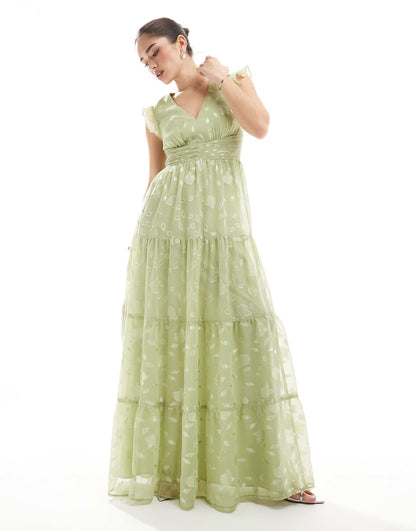 Floral Flutter Sleeve V Neck Maxi Dress