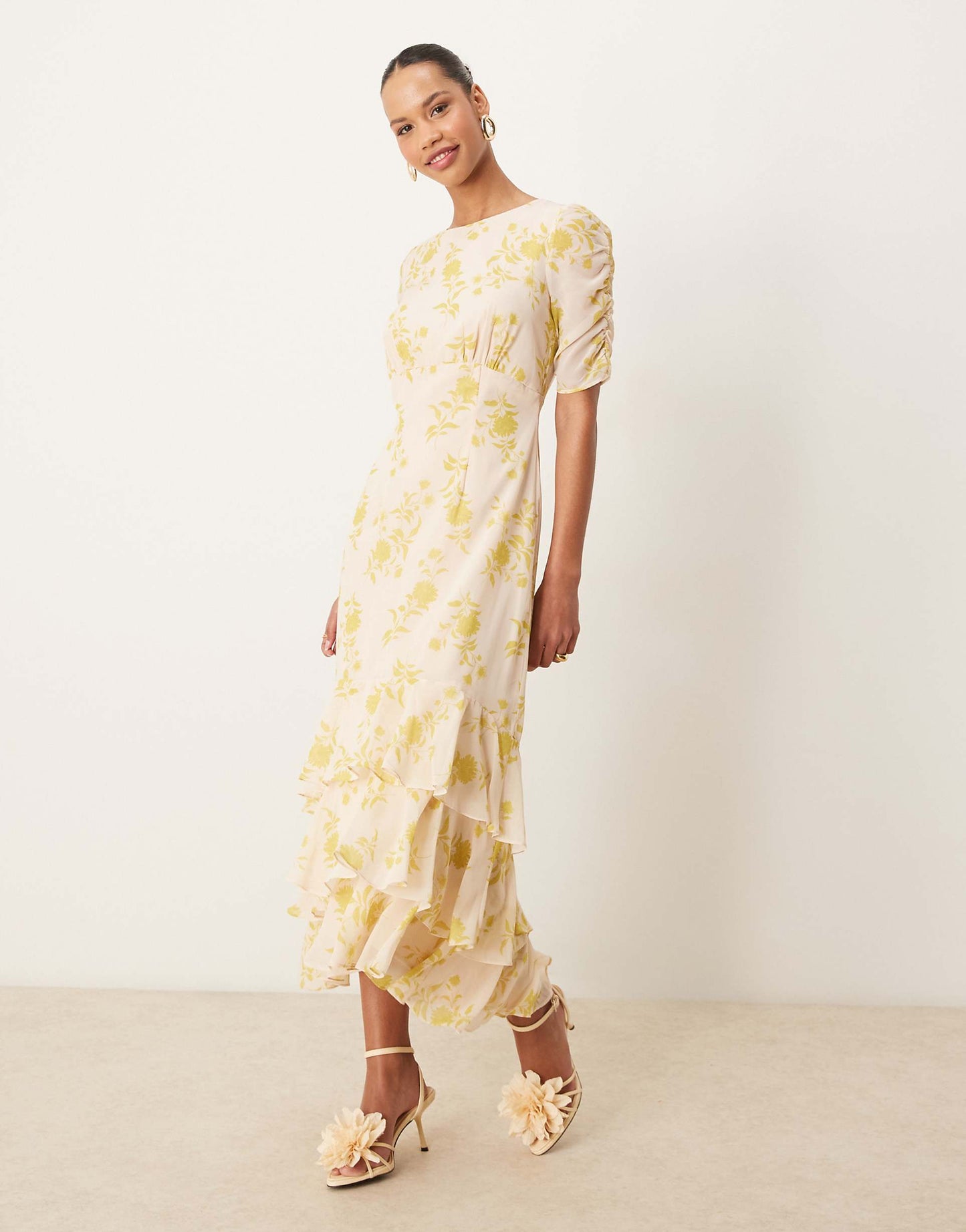 Floral Short Ruched Sleeve Midi Dress