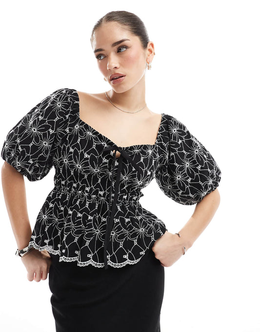 Broderie Square Neck Peplum Top