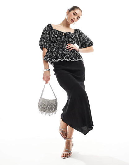 Broderie Square Neck Peplum Top