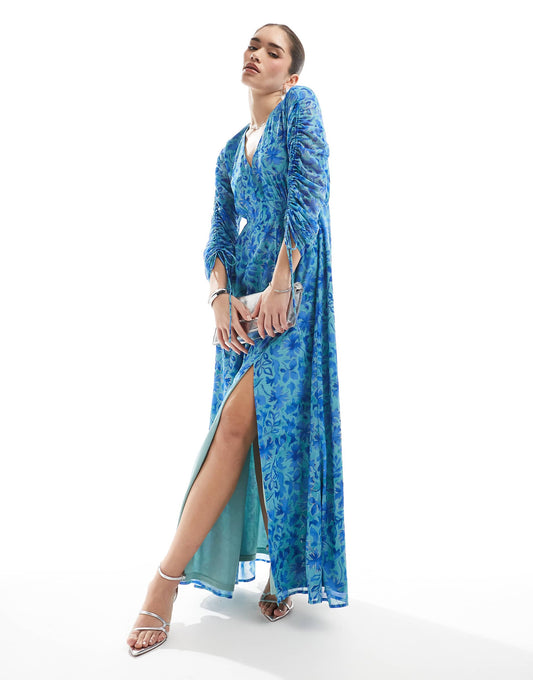 Adjustable Ruched Sleeve Maxi Dress