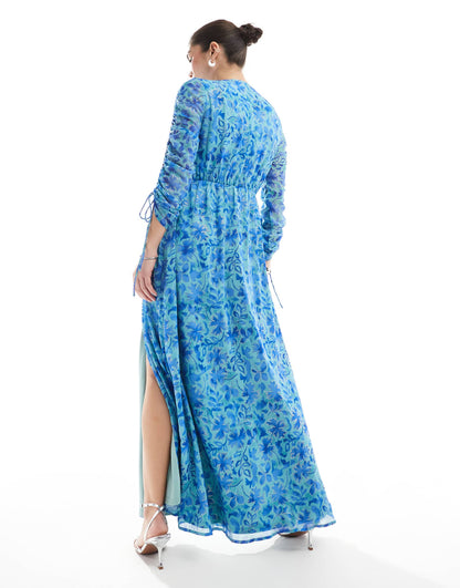 Adjustable Ruched Sleeve Maxi Dress