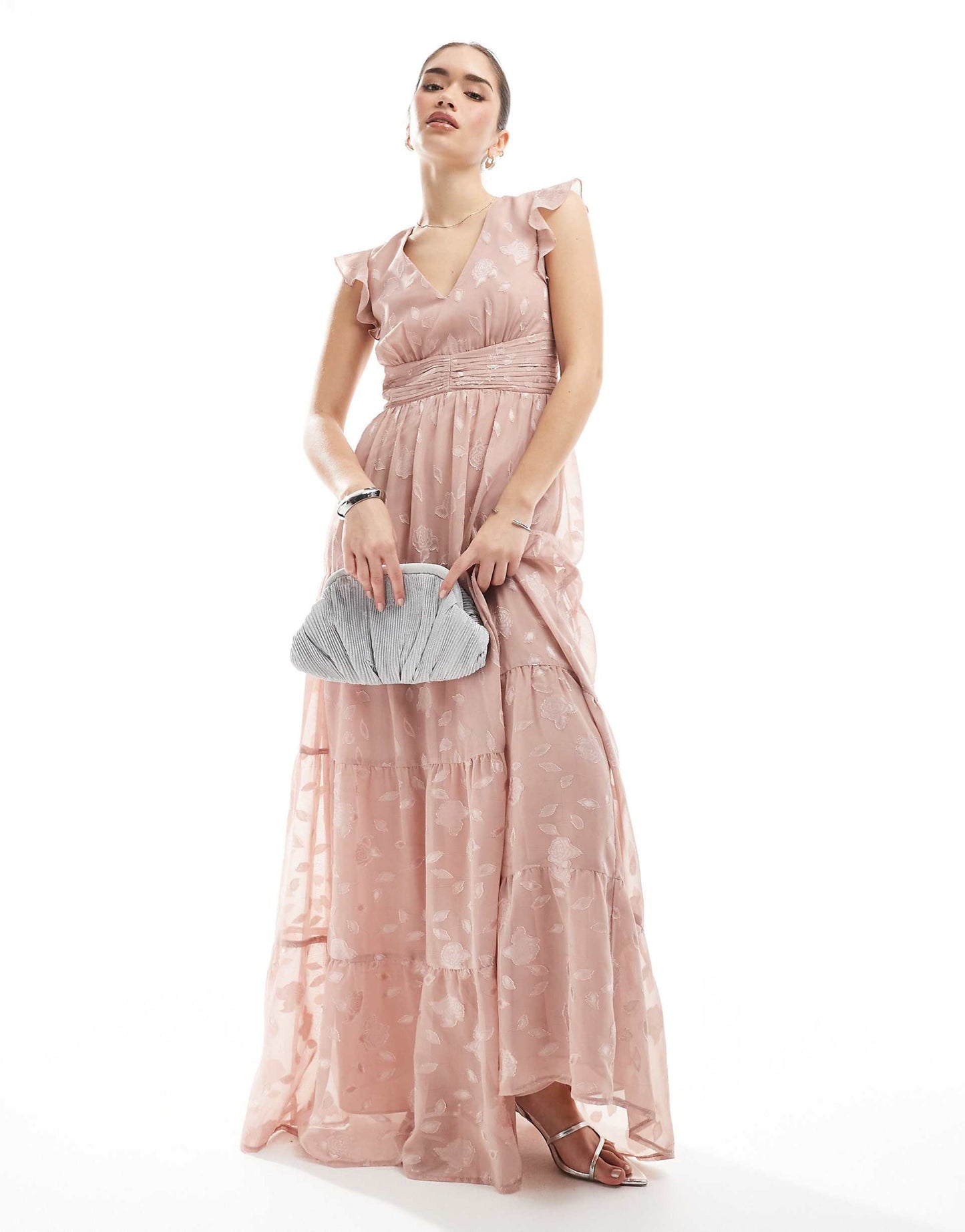 Floral Flutter Sleeve V Neck Maxi Dress