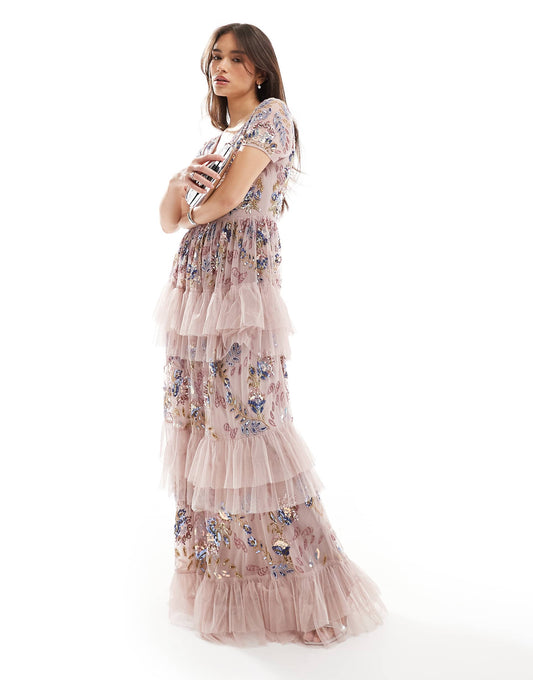 Embellished V Neck Tiered Maxi Dress