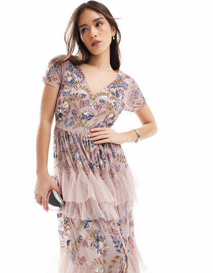 Embellished V Neck Tiered Maxi Dress
