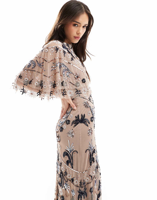 Embellished Cape Sleeve Maxi Dress