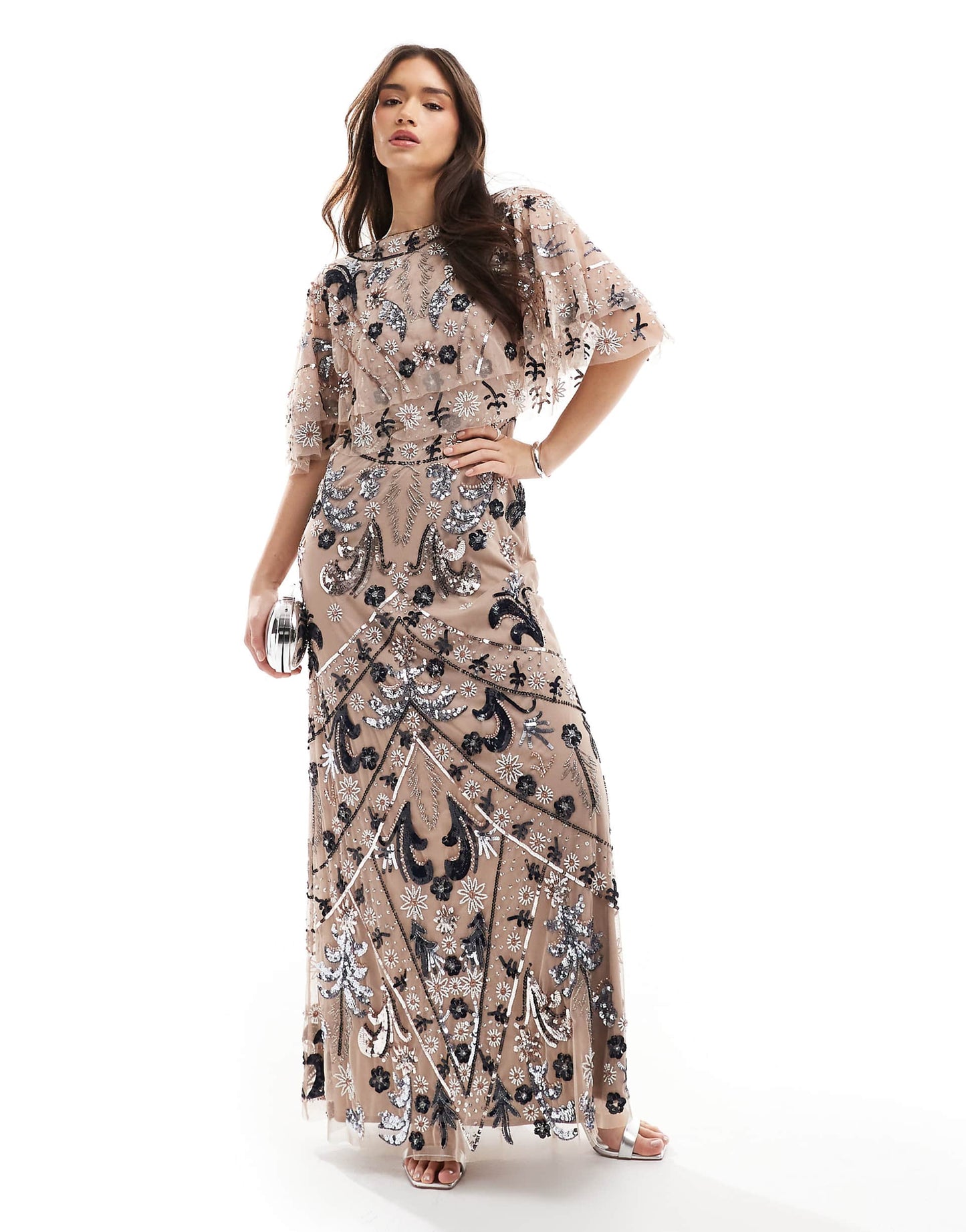 Embellished Cape Sleeve Maxi Dress