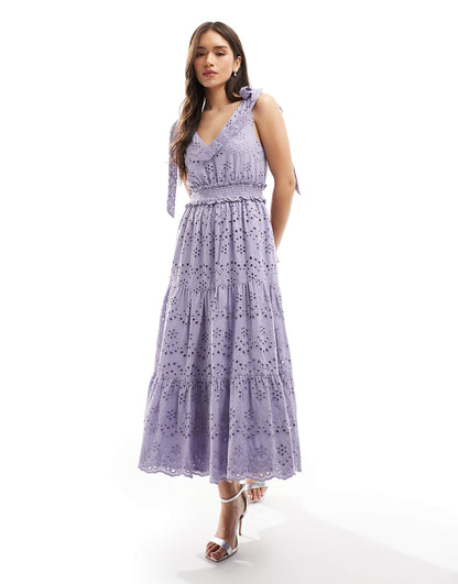 Broderie V Neck Strappy Midi Dress