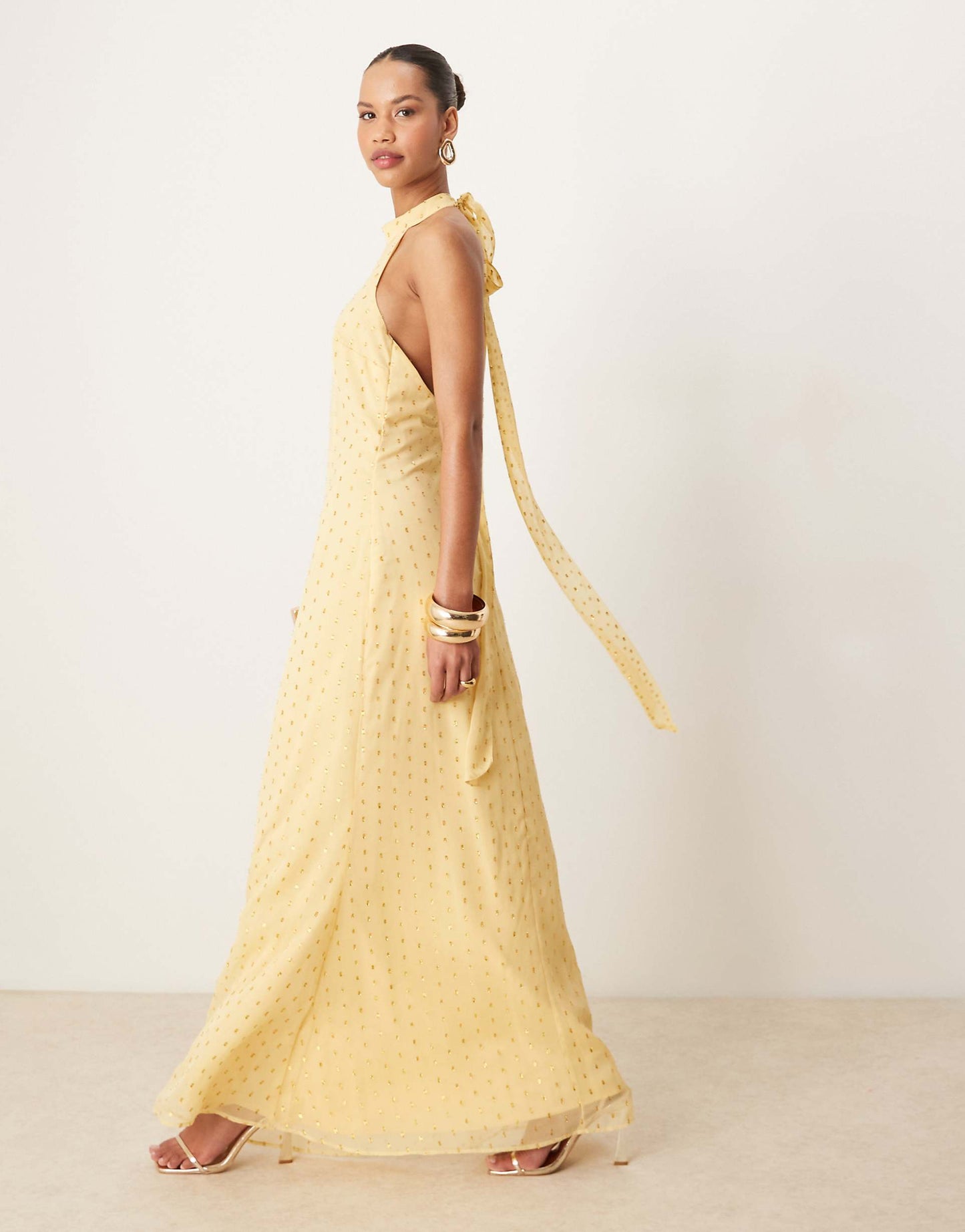 Gold Foil Halter Neck Maxi Dress