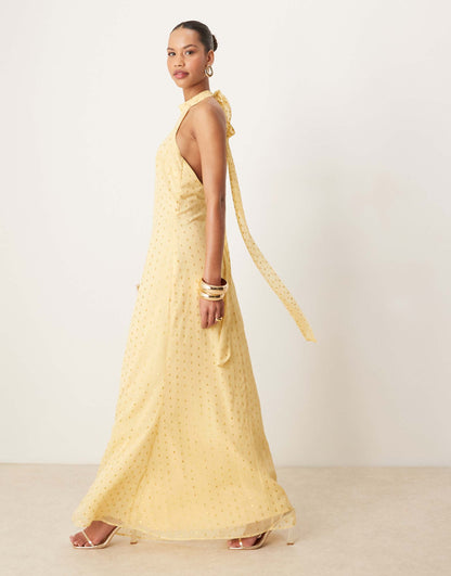 Gold Foil Halter Neck Maxi Dress