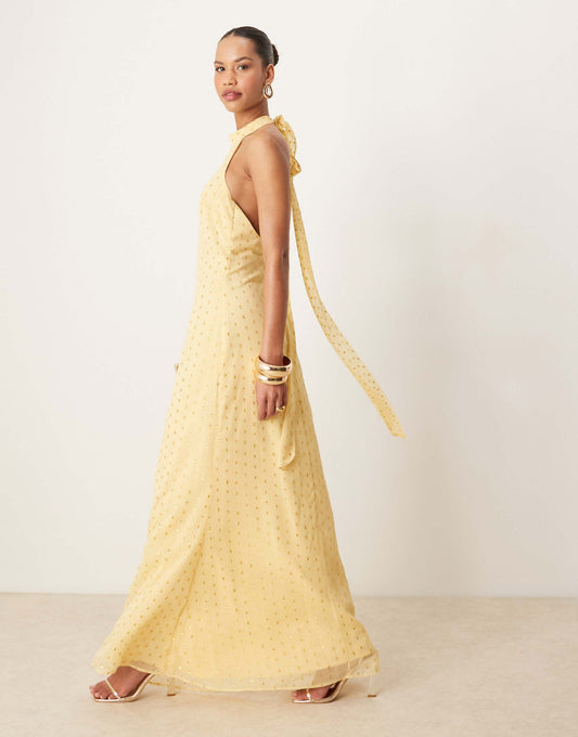 Gold Foil Halter Neck Maxi Dress