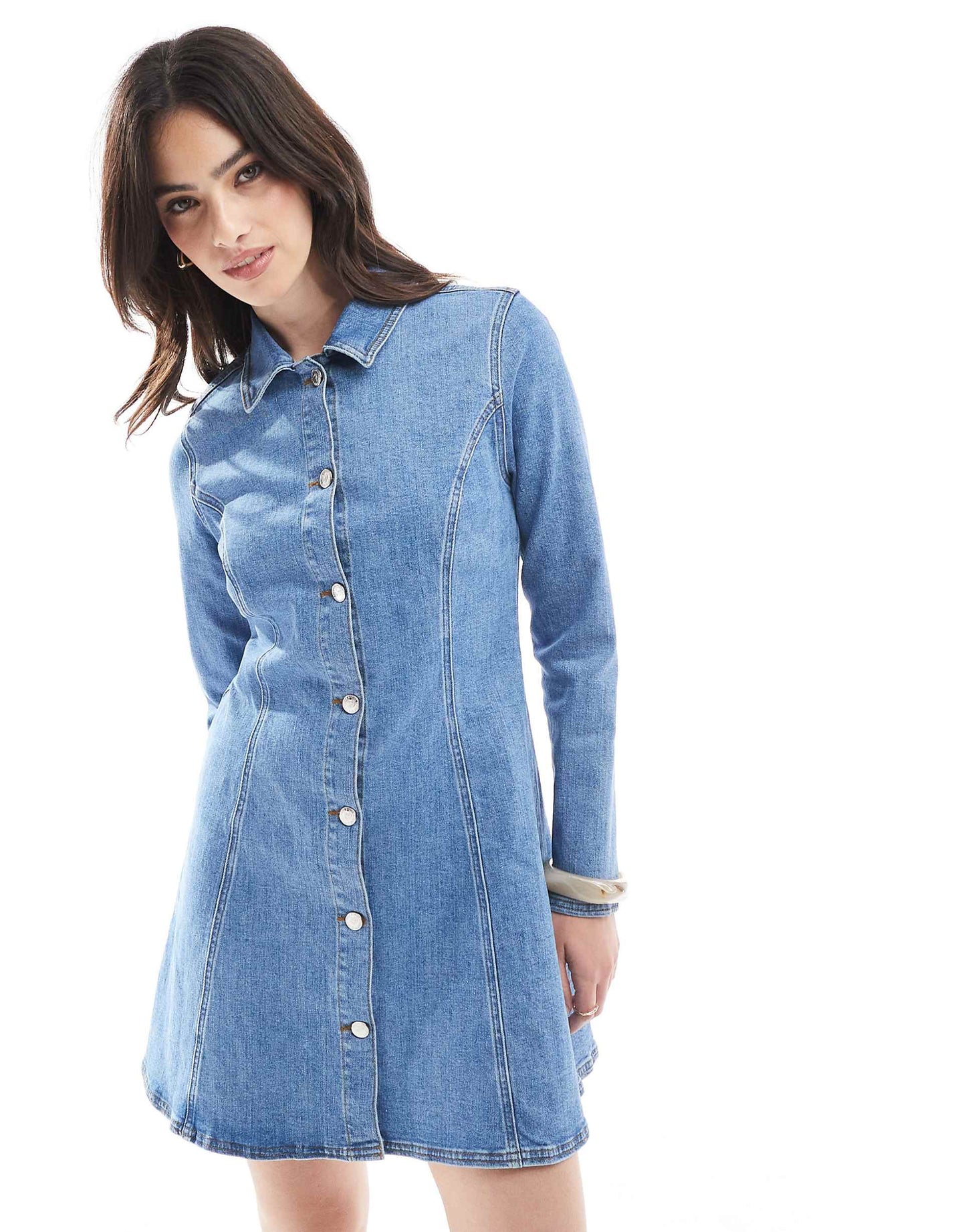 Seam Detail Stretch Denim Fit And Flare Long Sleeve Mini Dress