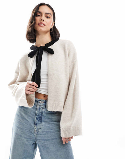 Open Cardigan With Bow Tie Neck