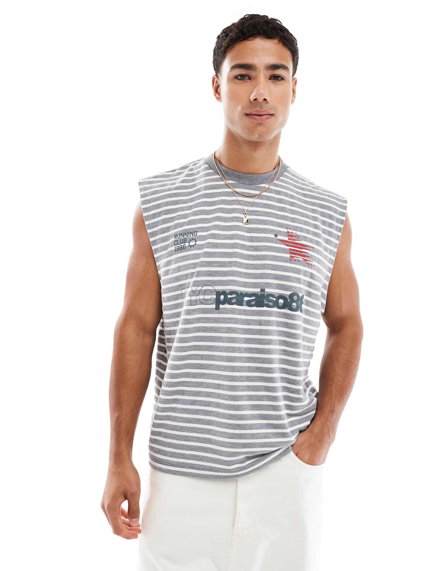 Oversized Boxy Striped Tank With Front Chest Print