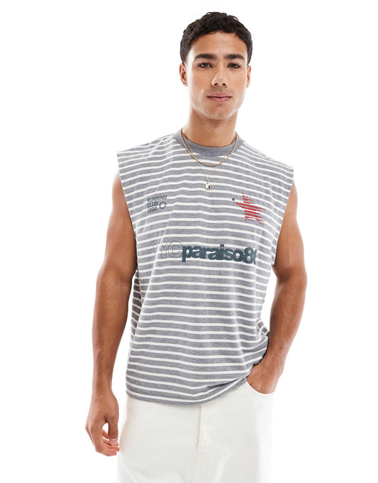 Oversized Boxy Striped Tank With Front Chest Print