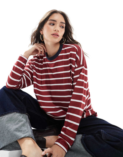 Stripe Long Sleeve Boxy Top With Wide Sleeve And Contrast Ringer