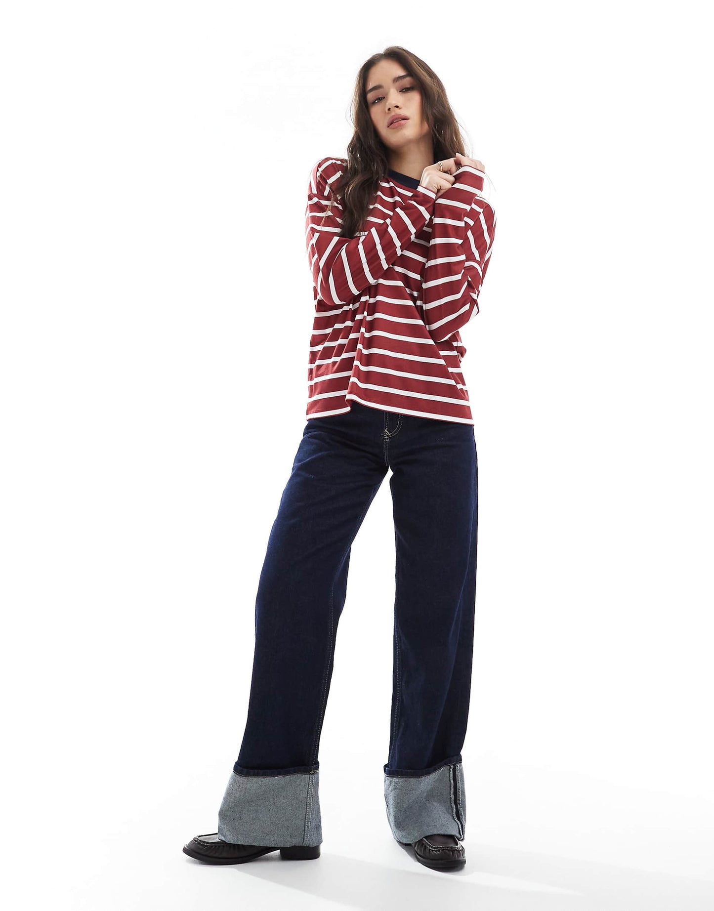 Stripe Long Sleeve Boxy Top With Wide Sleeve And Contrast Ringer