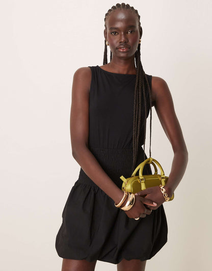 Puffball Hem Shirred Sleeve Dress Mini Dress