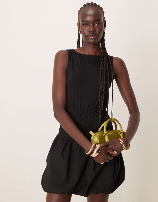 Puffball Hem Shirred Sleeve Dress Mini Dress