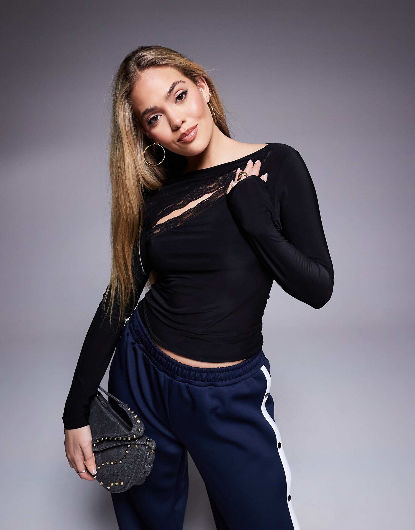 Long Sleeve Slinky Top With Lace Cut Out