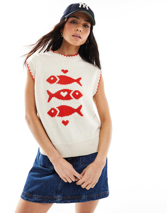 Blanket Stitch Heart Sardine Graphic Sweater Vest