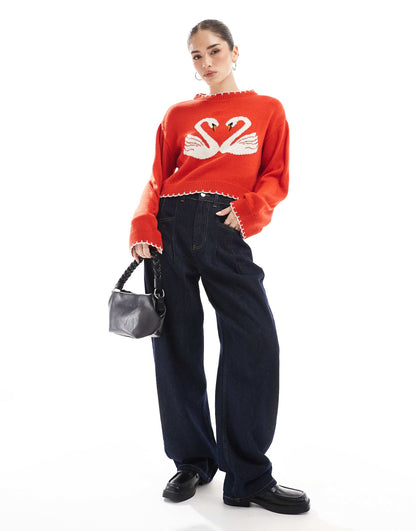 Blanket Stitch Swan Heart Jumper