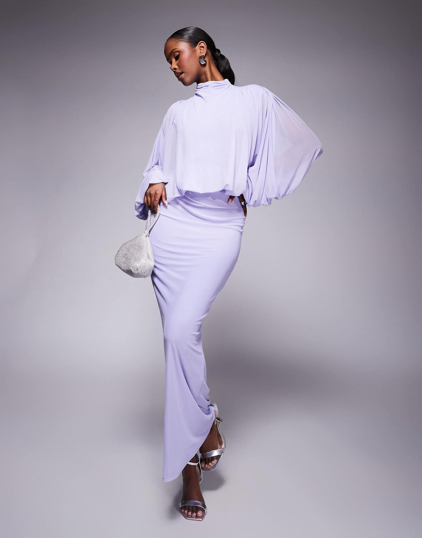 Mesh Draped Blouson Long Sleeve Maxi Dress With Ruched Skirt