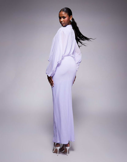 Mesh Draped Blouson Long Sleeve Maxi Dress With Ruched Skirt