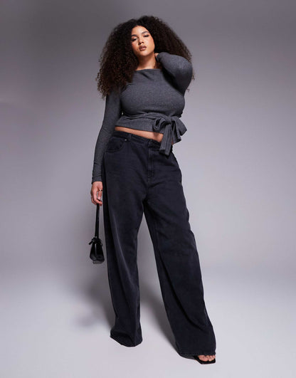 Curve Brushed Asymmetric Neck Long Sleeve Top With Tie Waist Detail