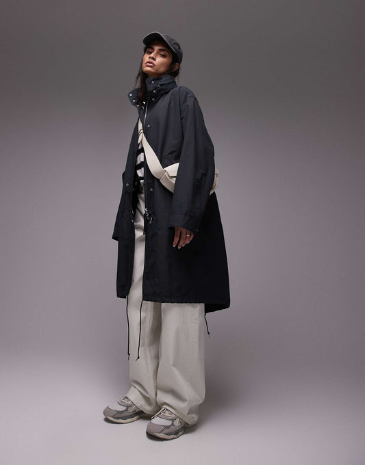 Lightweight Coated  Longline Parka With Foldaway Hood