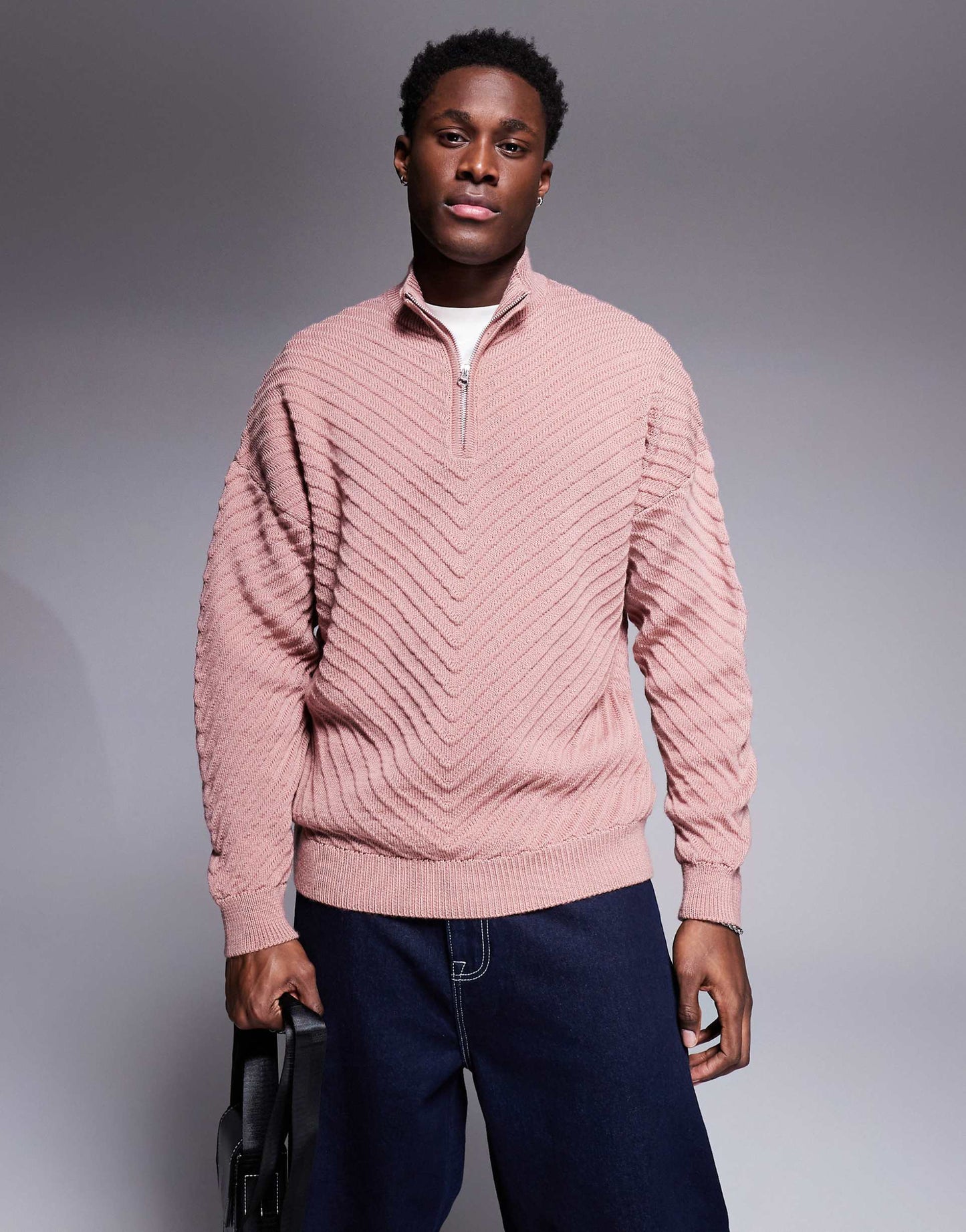 Oversized Drop Shoulder Rib Half Zip Funnel Neck Jumper