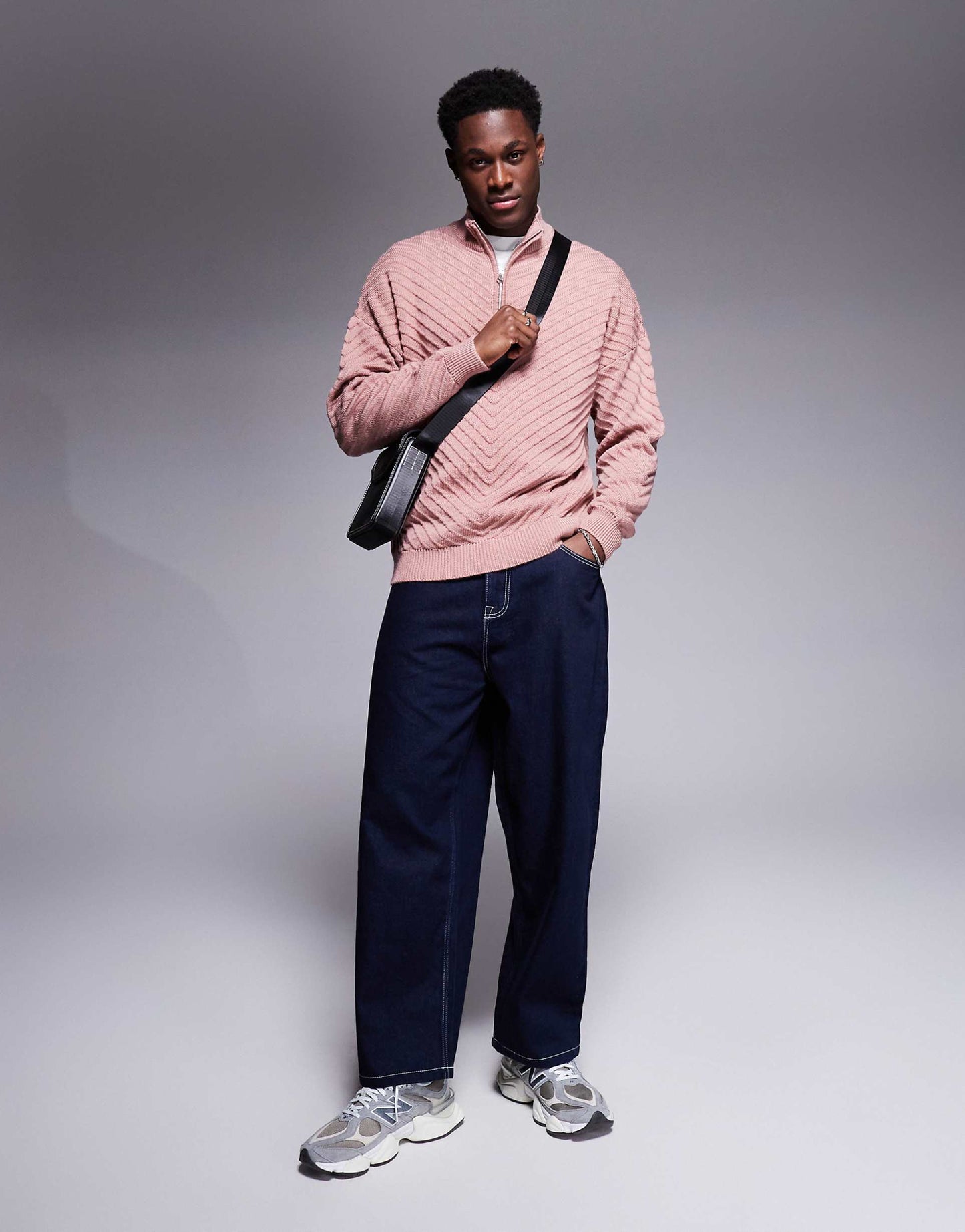 Oversized Drop Shoulder Rib Half Zip Funnel Neck Jumper