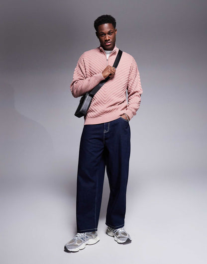 Oversized Drop Shoulder Rib Half Zip Funnel Neck Jumper