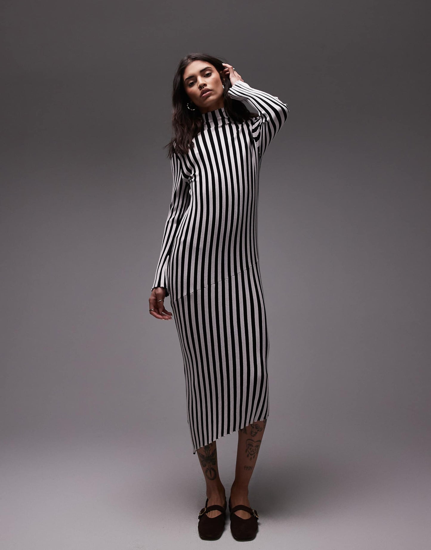 Knitted Plated Vertical Stripe Midi Dress With Asymmetric Hem