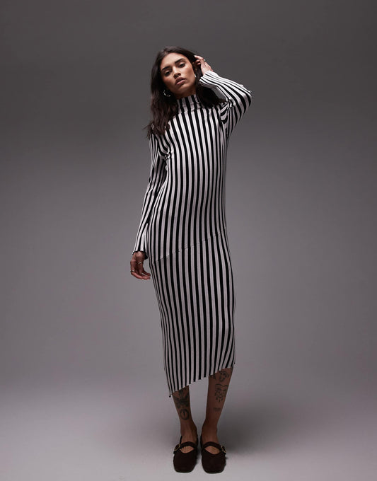 Knitted Plated Vertical Stripe Midi Dress With Asymmetric Hem
