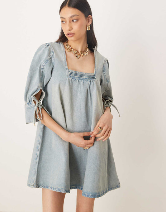 Boho Denim Mini Dress With Tie Up Cuffs