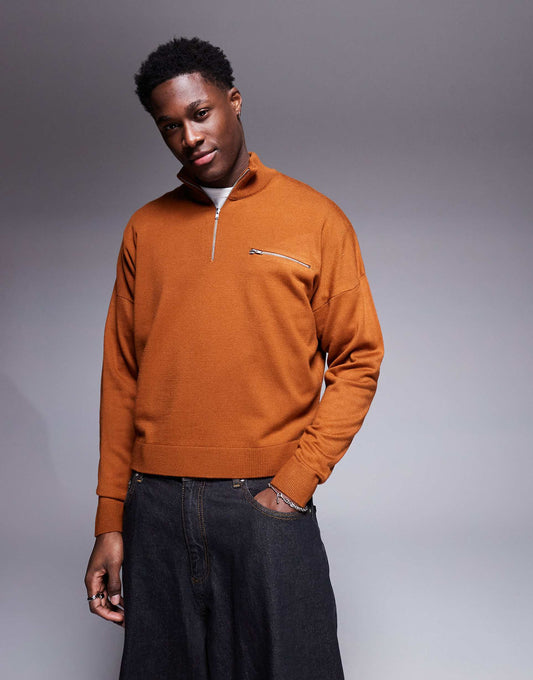 Oversized Boxy Half Zip Funnel Neck Jumper With Front Pocket