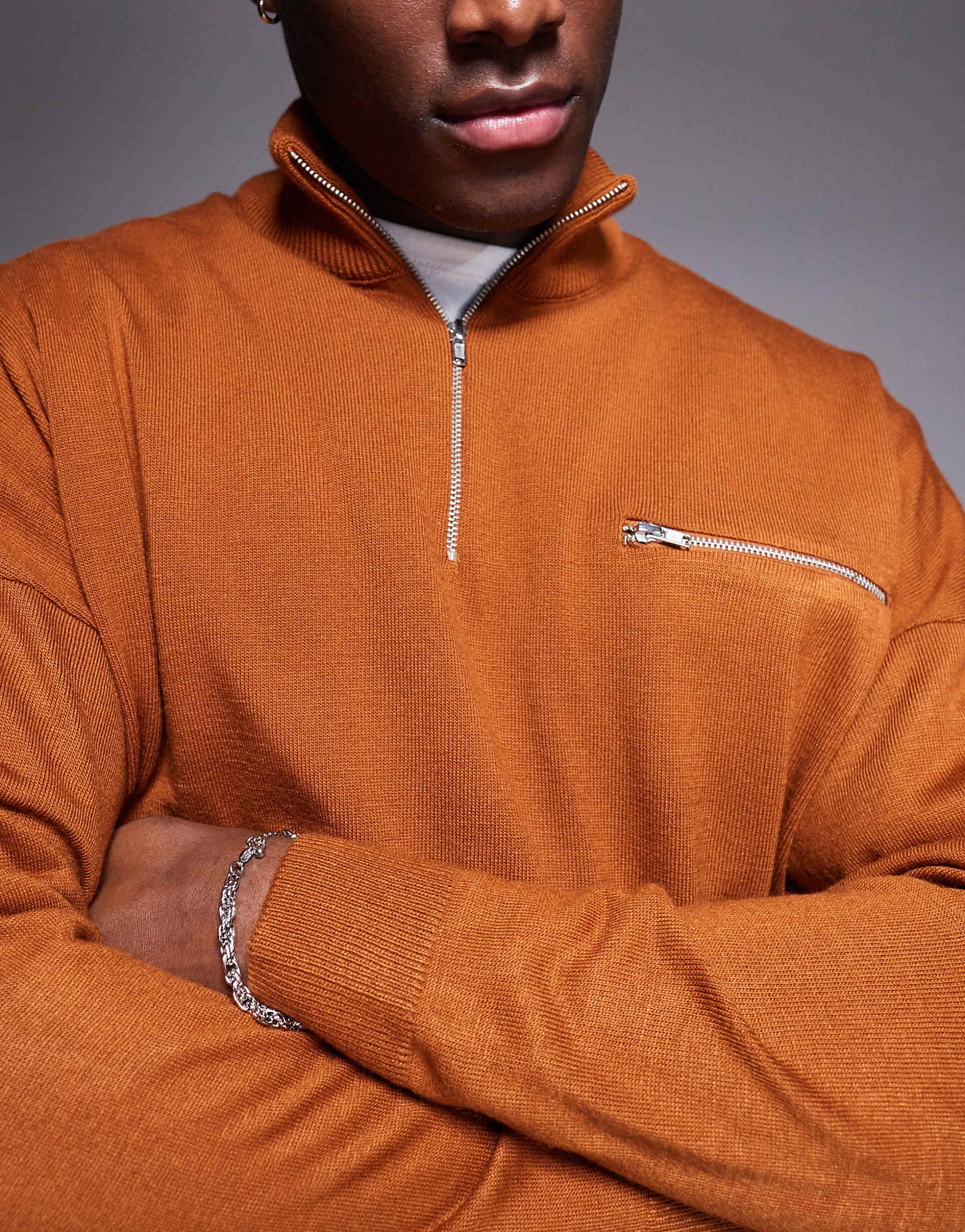 Oversized Boxy Half Zip Funnel Neck Jumper With Front Pocket