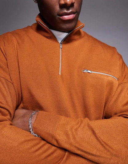 Oversized Boxy Half Zip Funnel Neck Jumper With Front Pocket