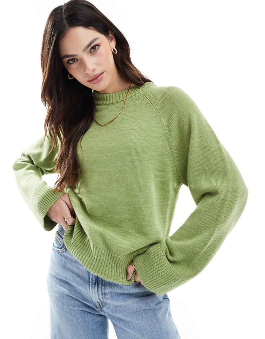 Knitted Crew Neck Jumper With Raglan Sleeve