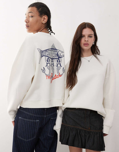 Unisex Boxy Sweatshirt With Fisherman Back Graphic