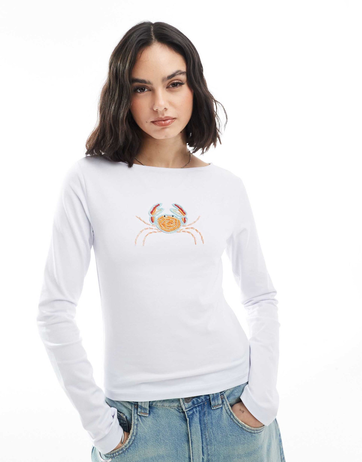 Slash Neck Long Sleeve Top With Beaded Crab Motif