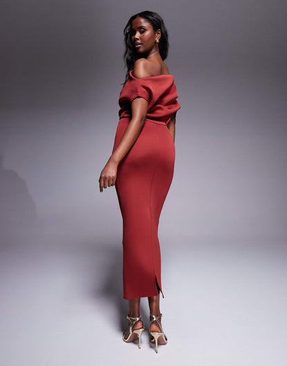 Dramatic Neckline Scuba Midi Dress