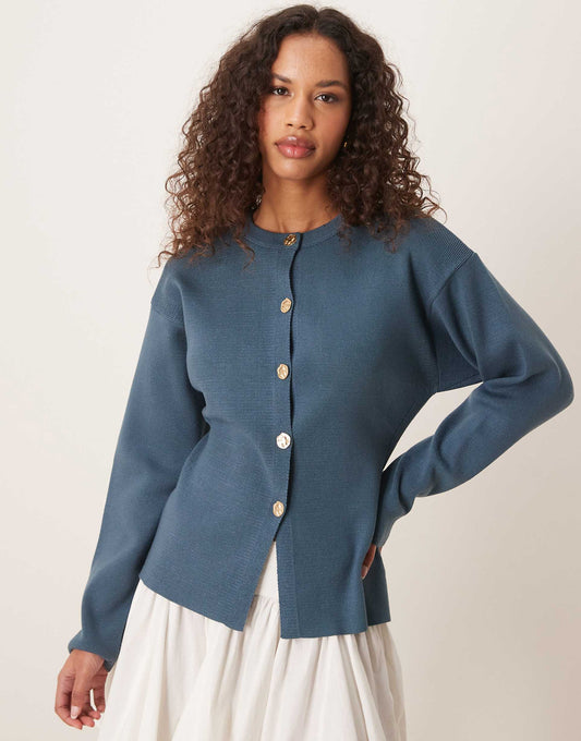 Knitted Structured Crew Neck Cardigan With Gold Buttons