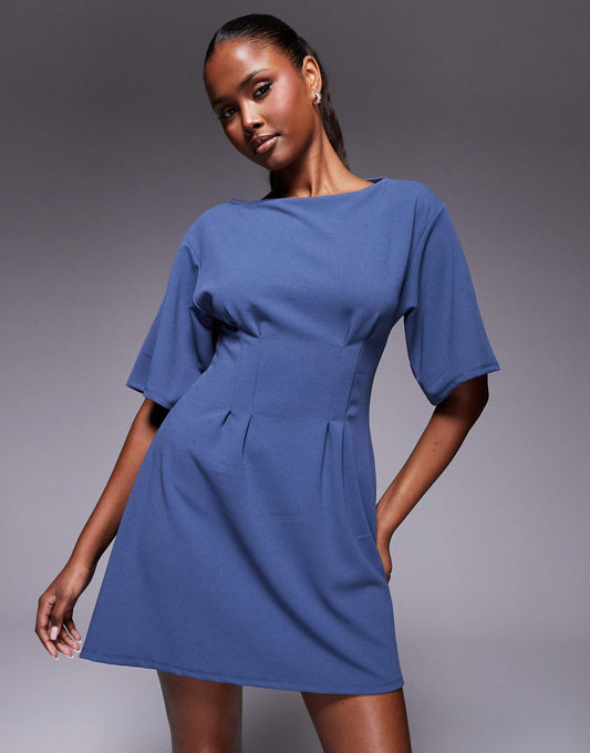 Dome Sleeve Seamed Waist Mini Dress