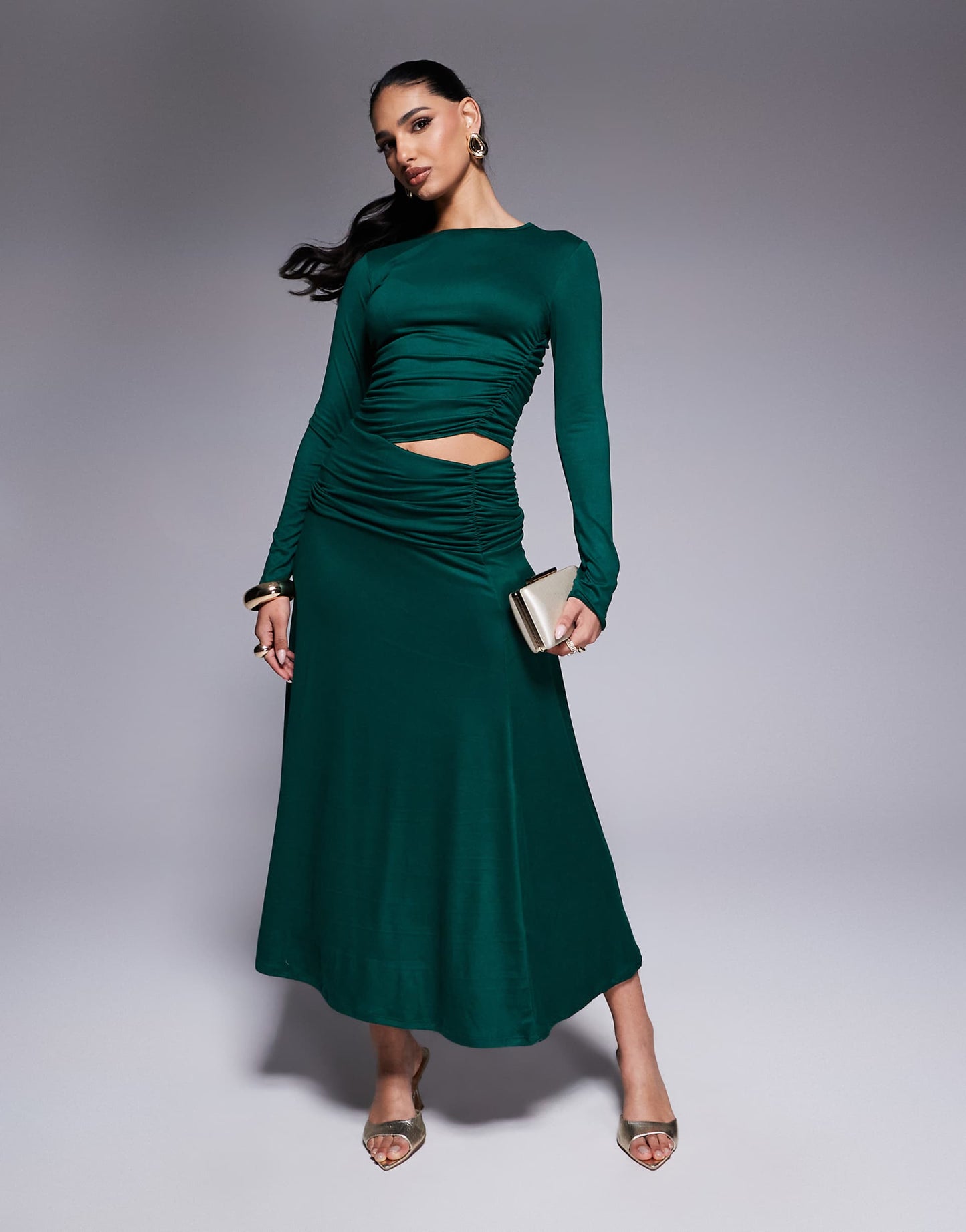 Ruched Cut Out Waist Midi Dress