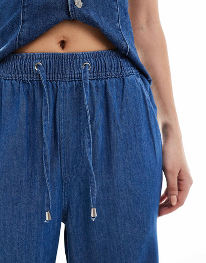 Denim Pull On Wide Leg Trousers