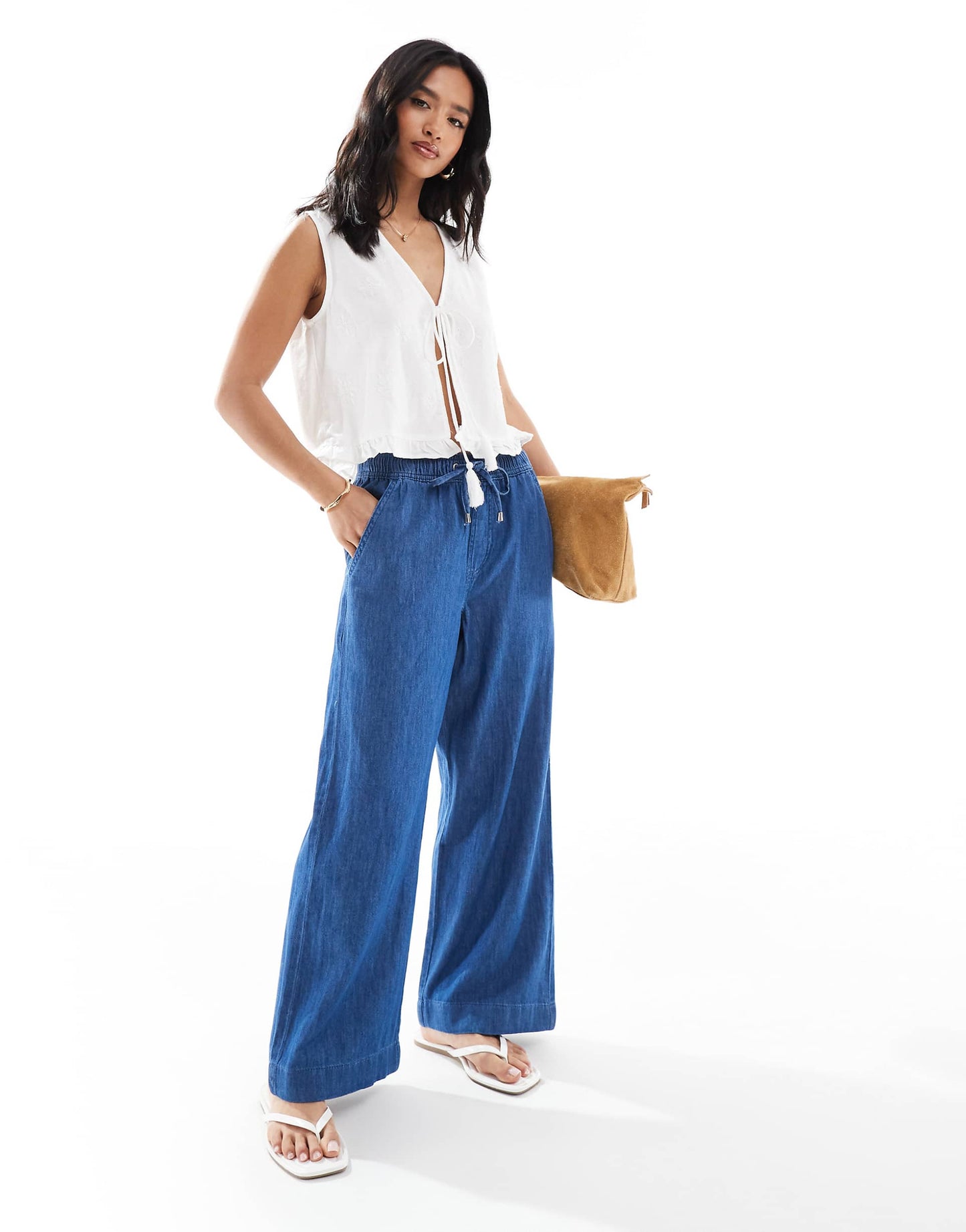 Petite Denim Pull On Wide Leg Trousers
