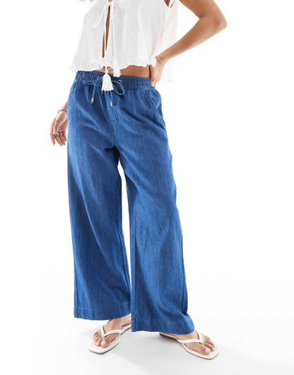 Petite Denim Pull On Wide Leg Trousers