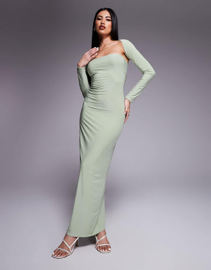 Slinky Bandeau Maxi Dress With Long Sleeve Shrug